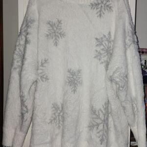 Torrid White Cowl Sweater with Silver Snowflakes
